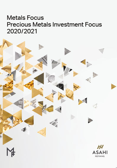 Precious Metals Investment Focus 2020/2021 Precious Metals Investment Focus 2020/2021 cover, triangles of different metal colours scattered across the page in reducing size left to right
