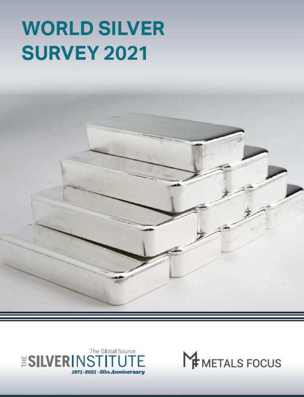 World Silver Survey 2021 cover, a pile of silver bars in a pyramid